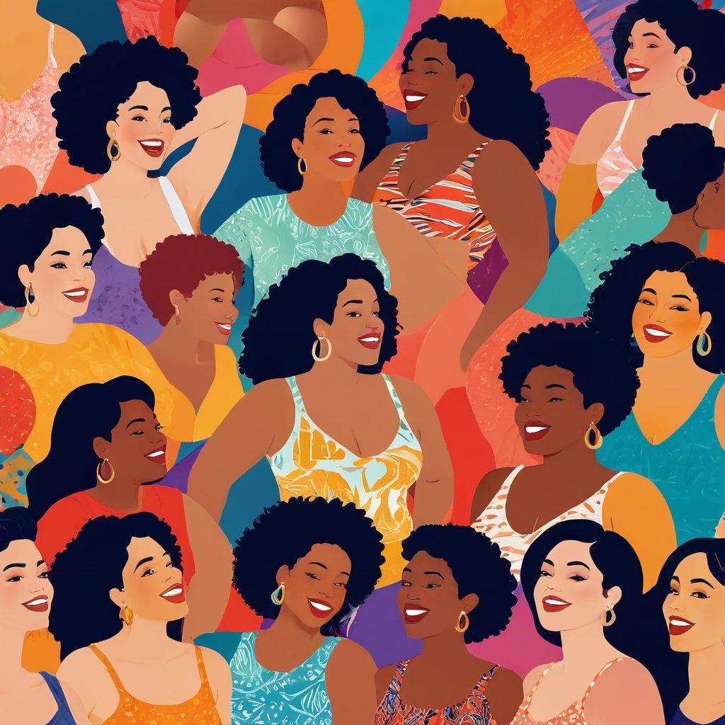 A vibrant and expressive collage showcasing a diverse group of confident individuals celebrating body positivity, surrounded by playful, colorful elements that symbolize adult entertainment. Include joyful expressions, inclusive body types, and captivating silhouettes that reflect freedom and self-love. The background should be filled with abstract patterns that evoke a sense of euphoria. Use bold colors and stylized illustrations to enhance the visual appeal. vector art. vibrant colors. abstract design.