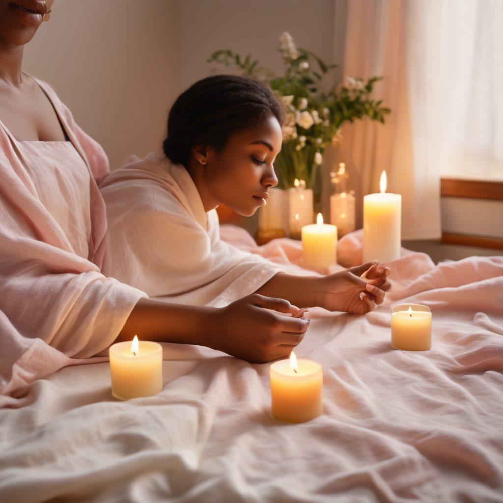 A serene scene of a person indulging in self-care rituals, surrounded by soft candles, luxurious fabrics, and fresh flowers, radiating a sense of relaxation and confidence. The figure exudes body positivity, with light cascading gently over them, embodying a harmonious connection between mind and body. The background features calming pastel tones to evoke a feeling of tranquility and wellness. soft lighting. super-realistic. vibrant colors.